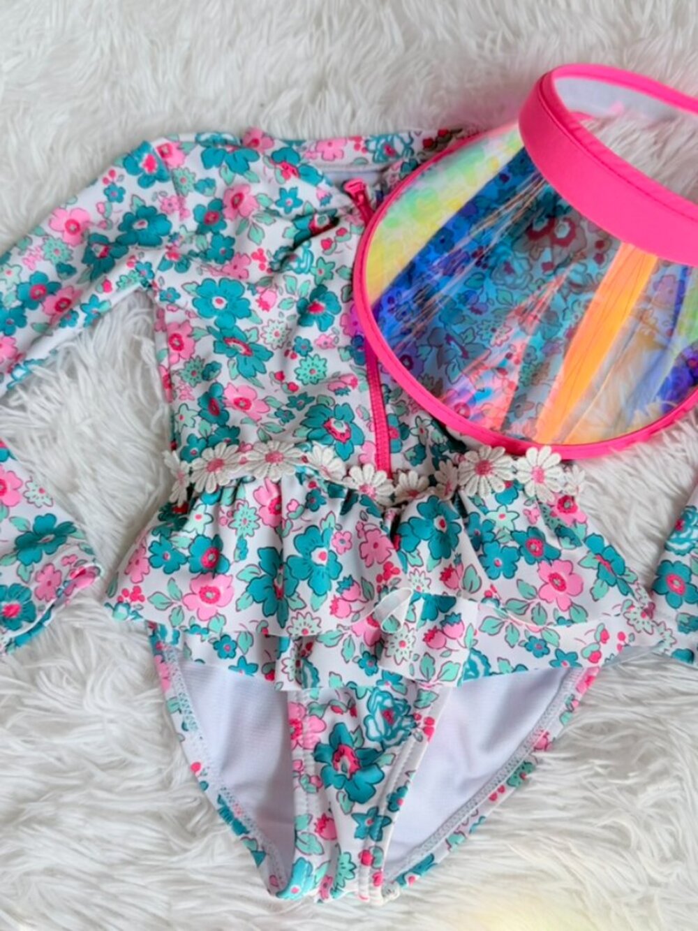 2T Floral Rash Guard Swimsuit & Rainbow Visor Set - Picture 2 of 11